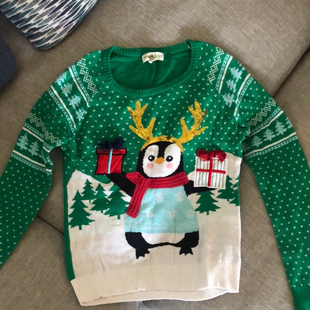 Children Green Penguin Christmas Sweater, size medium